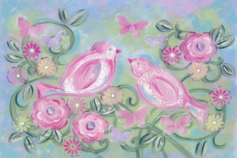 "Birds in Garden" by Reesa Qualia Painting Print Wrapped Canvas, 60x40