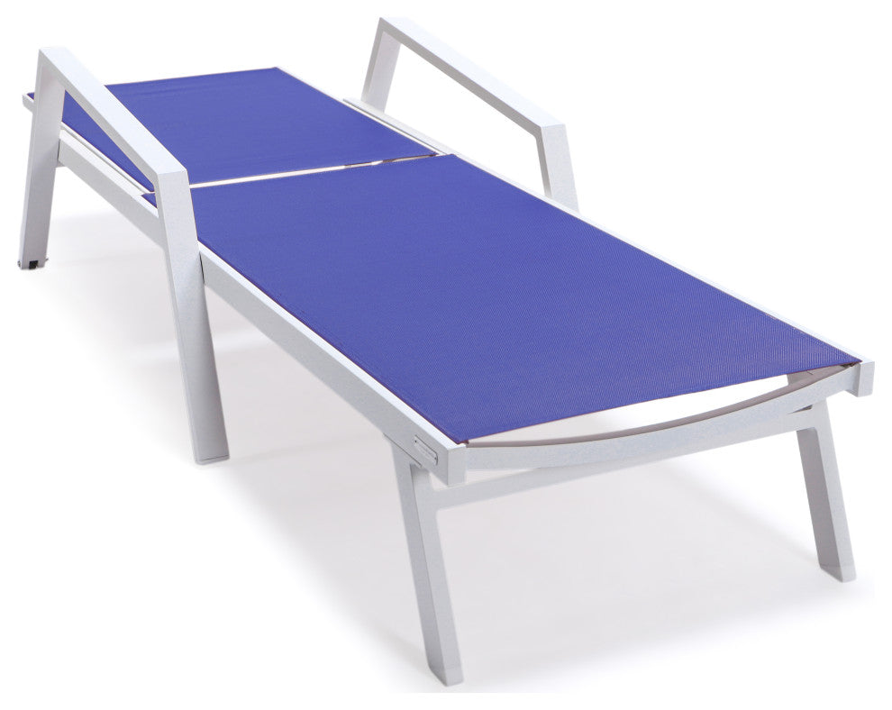 LeisureMod Marlin Chaise Lounge Set With Arms and Fire Pit Table, Navy Blue