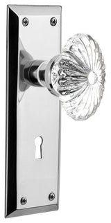 Double New York Plate With Oval Fluted Crystal Knob, Bright Chrome
