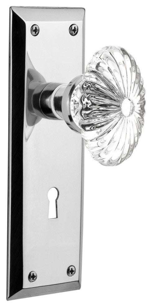 Double New York Plate With Oval Fluted Crystal Knob, Bright Chrome