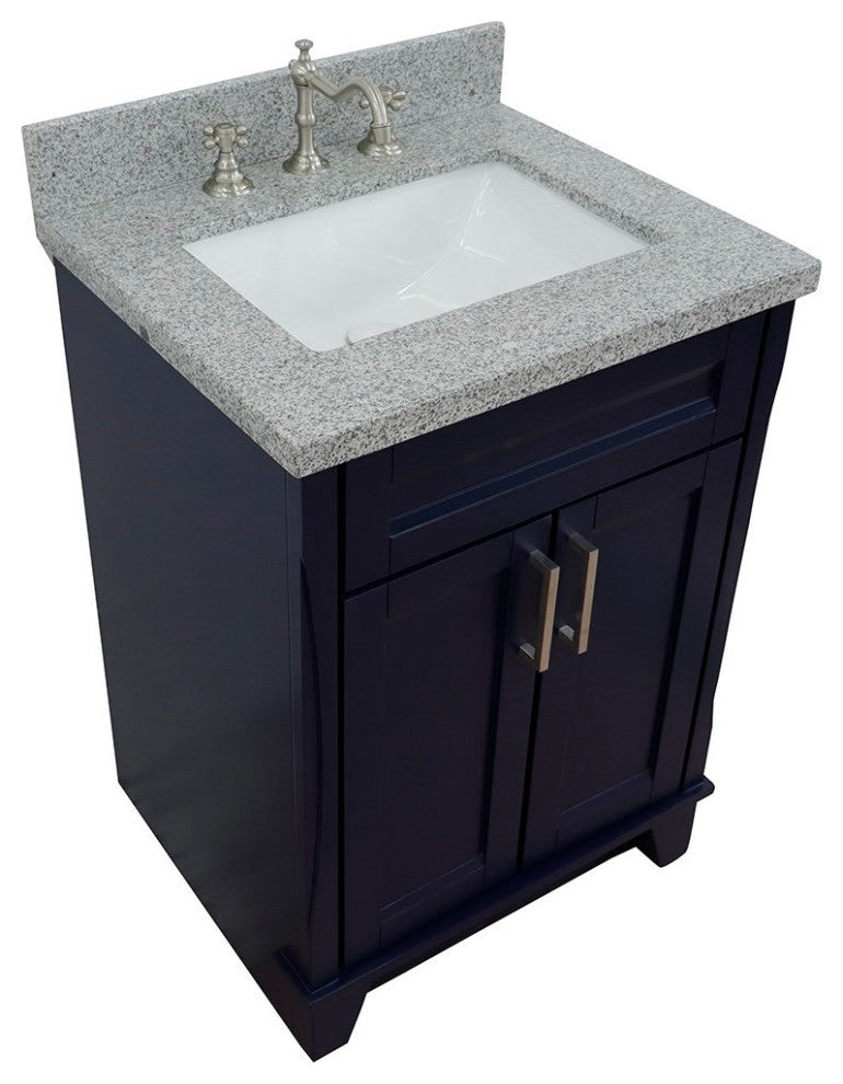 25" Single Sink Vanity, Blue Finish With Gray Granite And Rectangle Sink