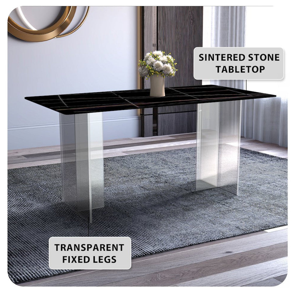 Kova Series Dining Table, Clear Base with 55 Black/Gold Sintered Stone Top