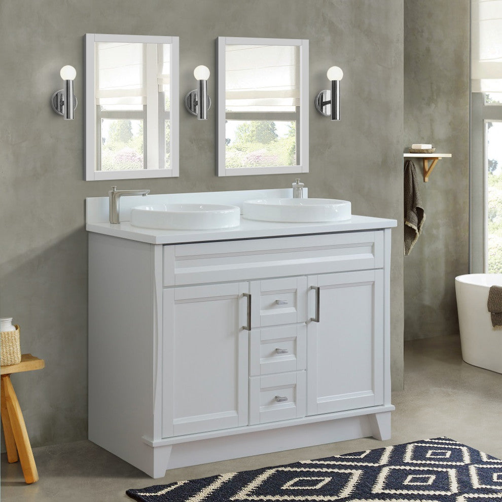 48" Double Sink Vanity, White Finish With Engineered Stone Top And Round Sink