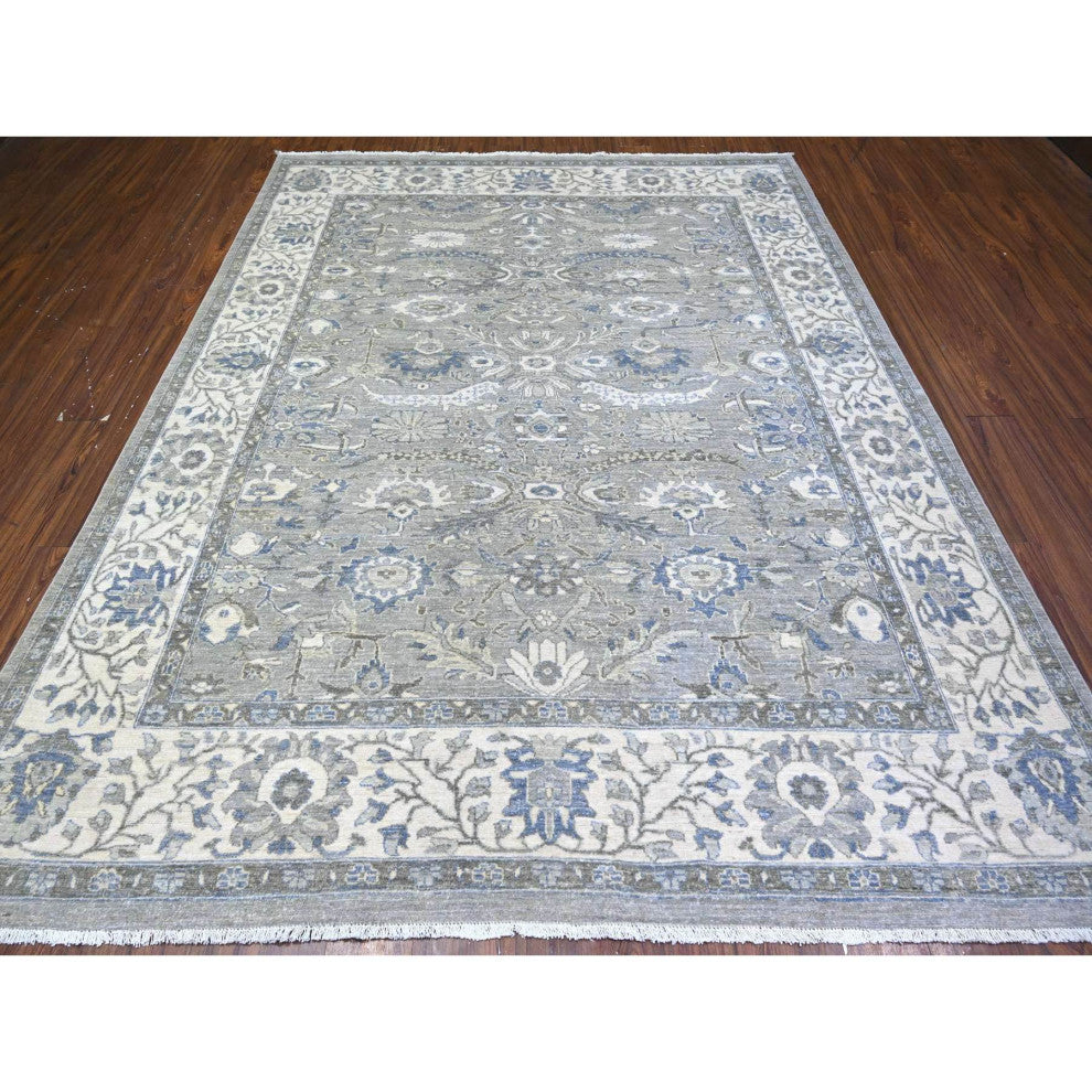 Electric Gray Heris Serrated Leaf Pattern Wool Hand Knotted Rug, 7'10"x9'9"