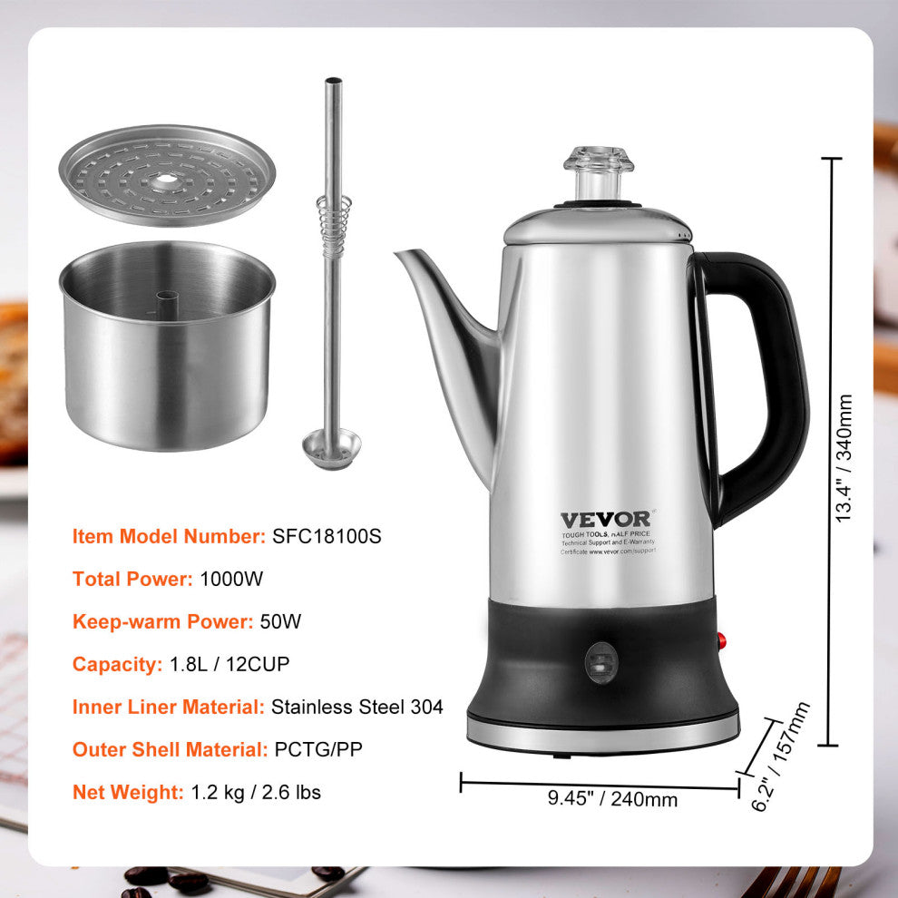 VEVOR 12-Cup Electric Percolator Coffee Pot Stainless Steel Coffee Maker Silver