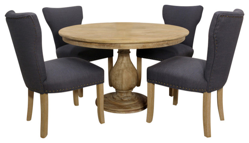 Jenna 48" Dining Set in Solid Wood With 4 Jill Chairs in Blue Fabric