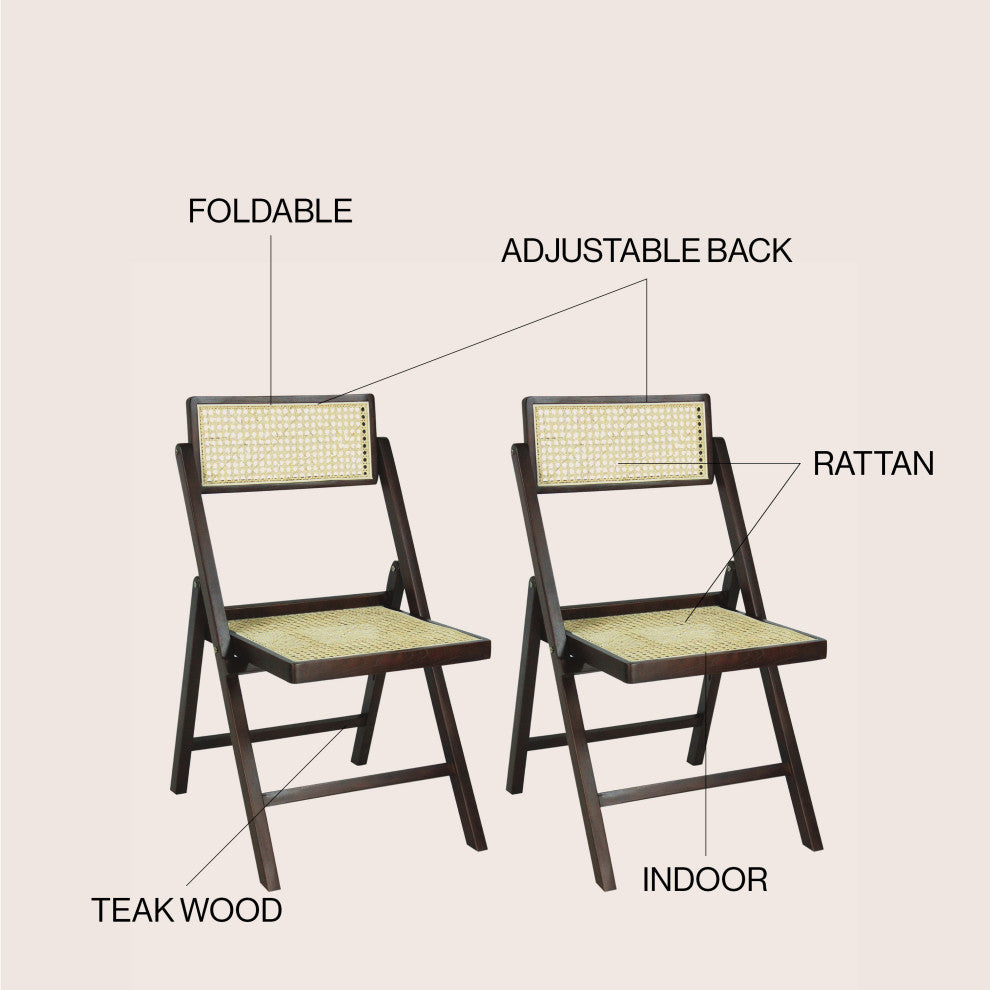 Vintage Wood Rattan Folding Chair With Adjustable Back, Dark Brown, Set of 2