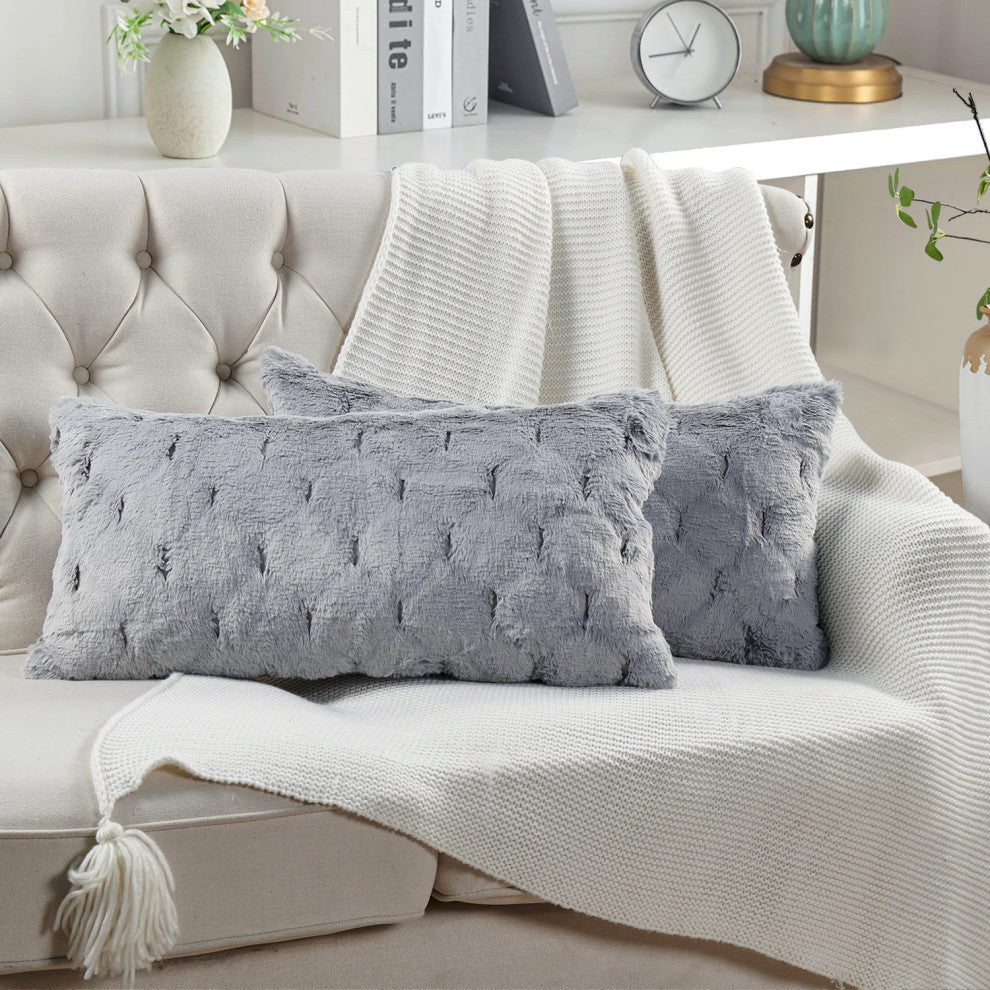 Jacquard Rabbit Faux Fur Pillow Cover 2 Piece Set, Silver Grey, 14" X 26"