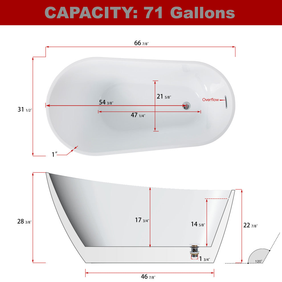 Acrylic Freestanding Bathtub With Drain and Overflow cover, Glossy White, 67"