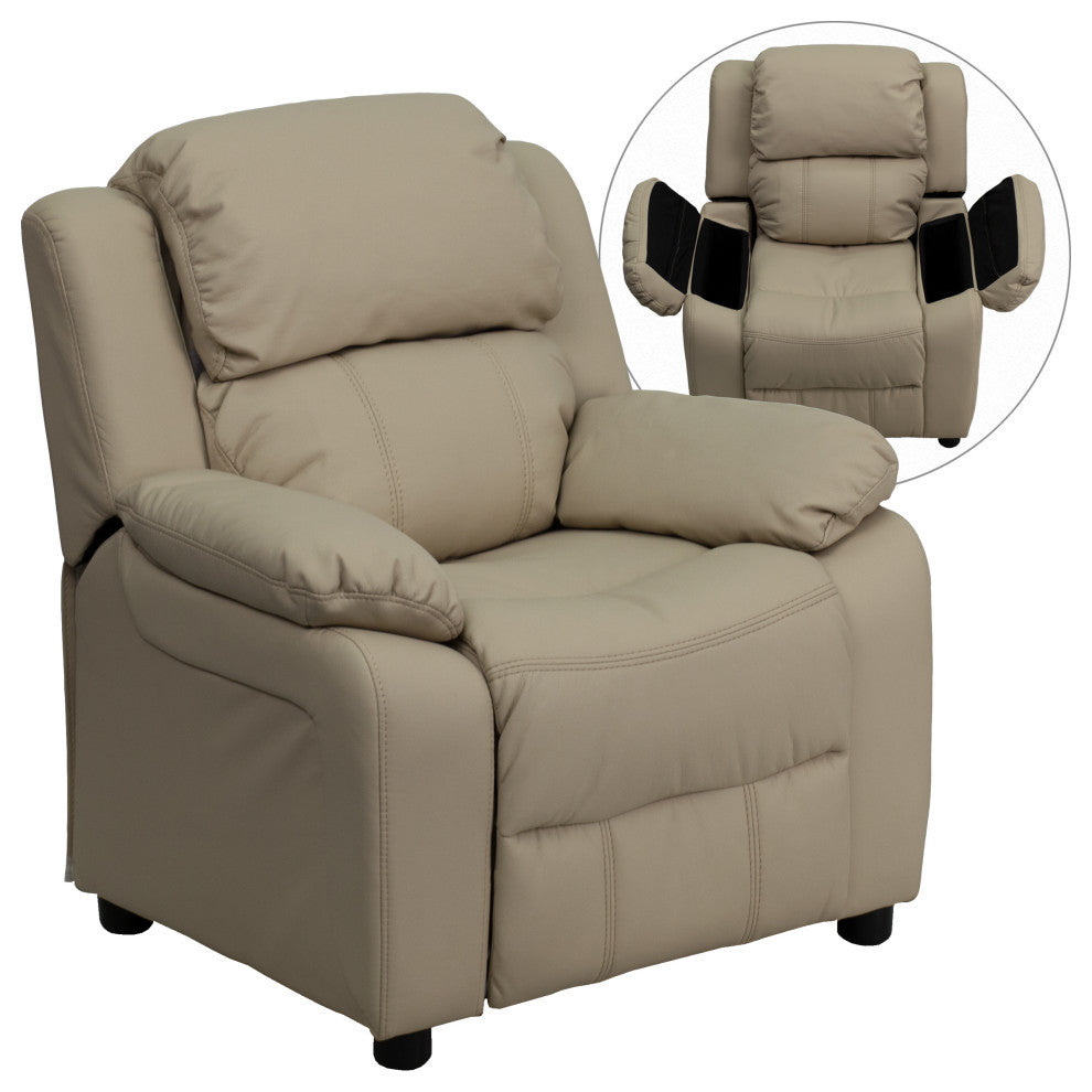 Deluxe Padded Contemporary Beige Vinyl Kids Recliner With Storage Arms