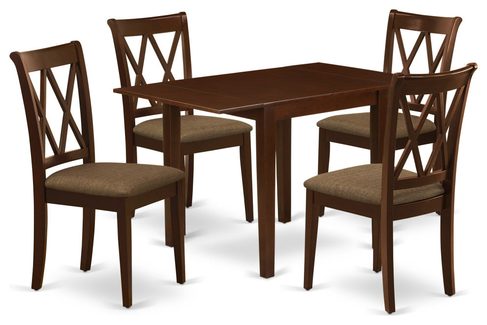Dining Set For 5- 4 Wood Chairs, An Eye-Catching Table, Mahogany Color Linen