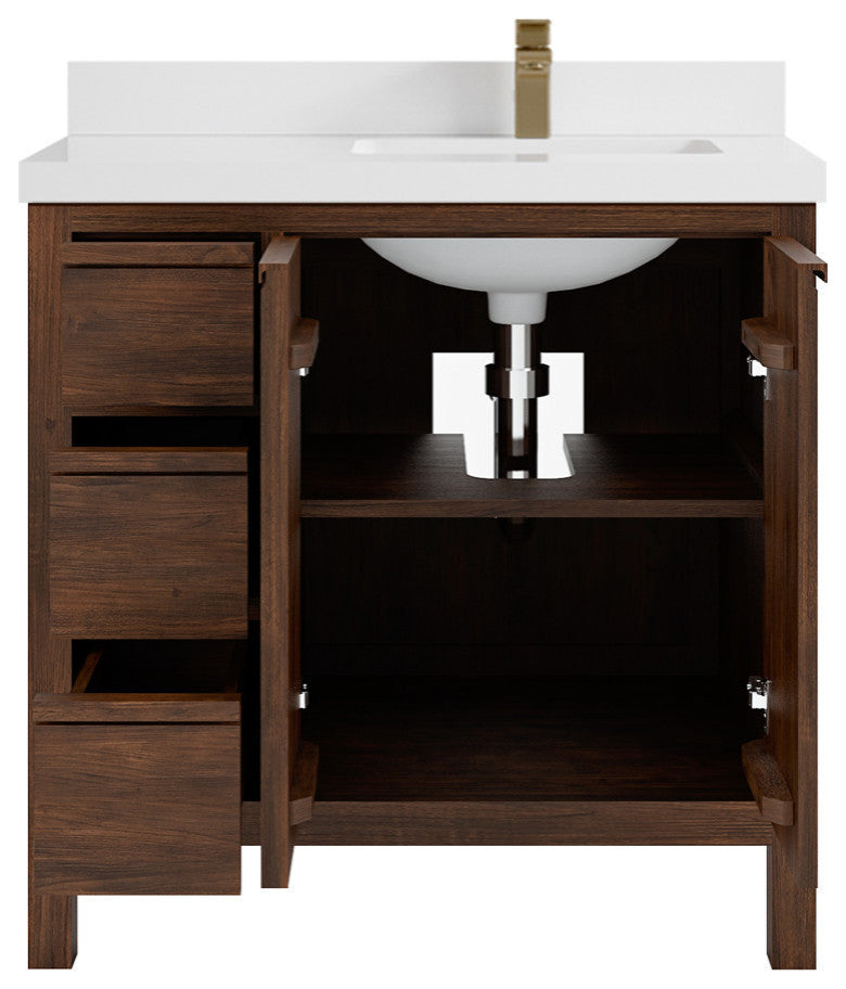 Elizabeth 36 Right Offset Bath Vanity in Dark Walnut Teak 2" White Quartz