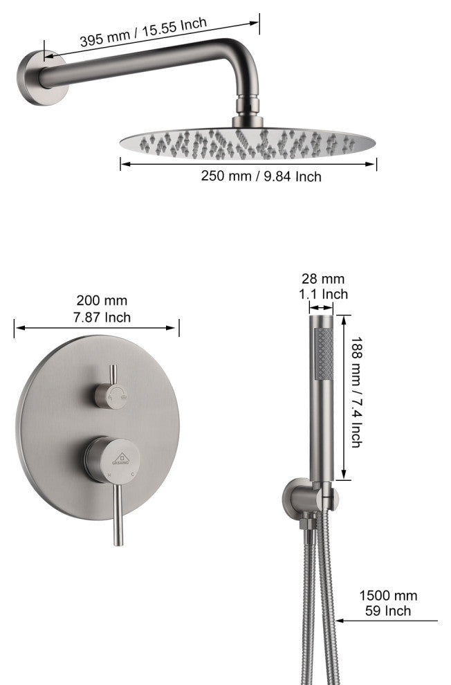 CASAINC 10" Round Wall Mounted Luxury Rain Shower System with Handheld Spray, Brushed Nickel