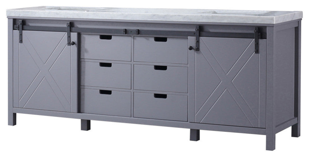 Marsyas 84" Dark Gray Double Vanity, White Marble Top, White Sinks, No Mirror