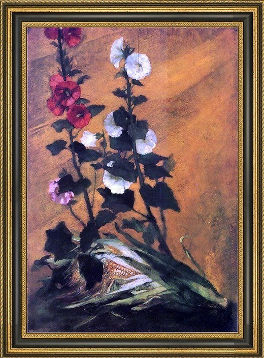 John La Farge Hollyhocks and Corn  Framed Premium Canvas Print, 18"x27"