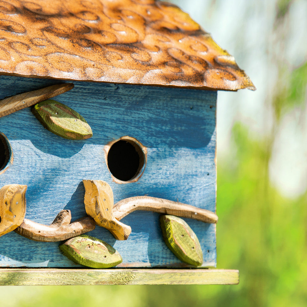15.75"L Oversized Washed Blue Distressed Solid Wood Cottage Birdhouse