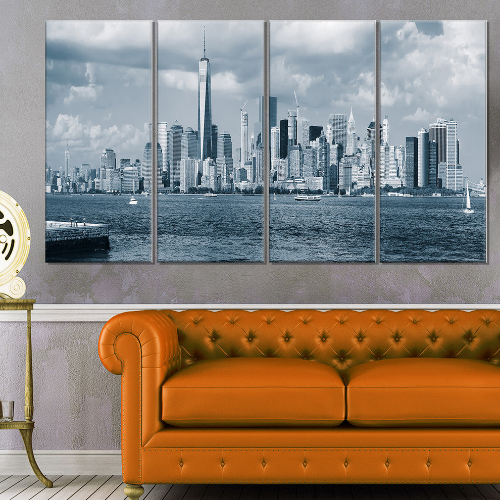 "Lower Manhattan Panorama Black White" Cityscape Wall Art, 4 Panels, 48"x28"