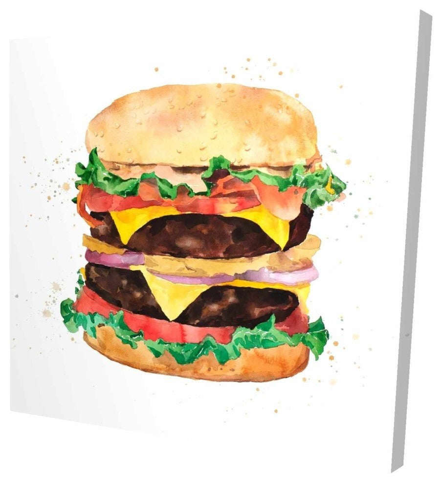Watercolor Double Cheeseburger, Fine Art Gallery Wrapped Canvas, 24"x24"