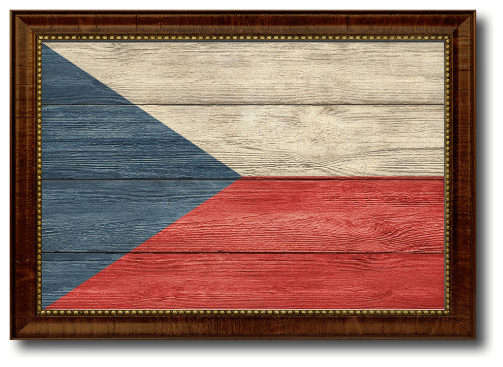 Czech Republic Country Textured Flag Print With Brown Gold Frame, 23"X33"