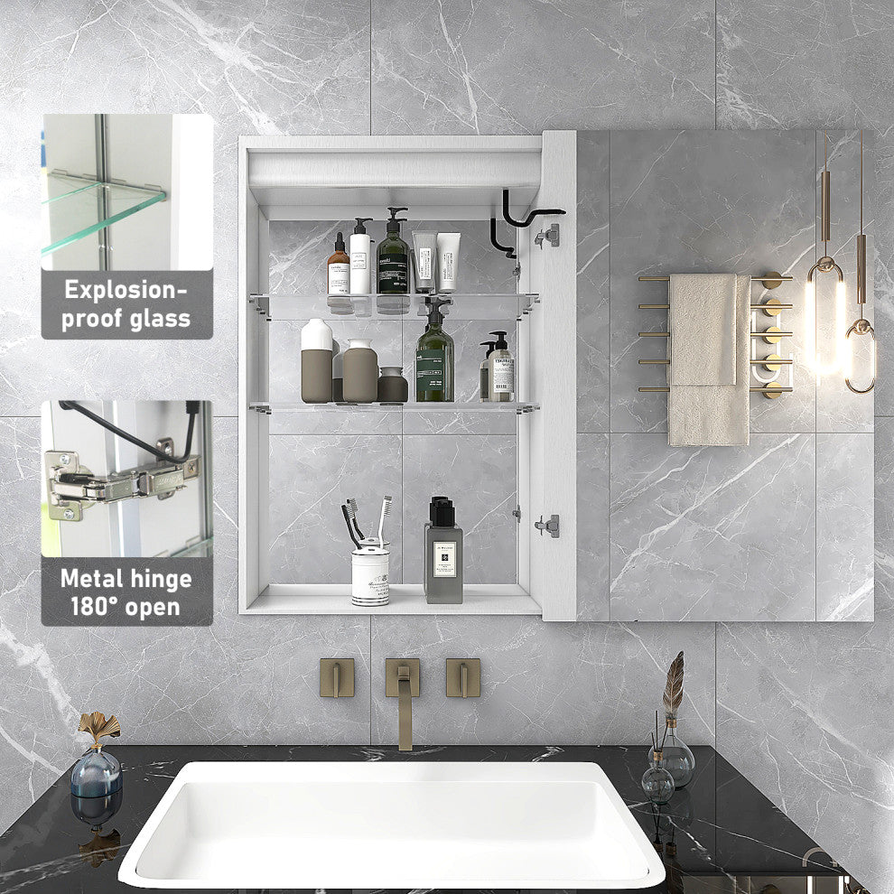 Recessed or Surface Mount Frameless Medicine Cabinet W/ LED Light & 2 Mirrors, Right Door