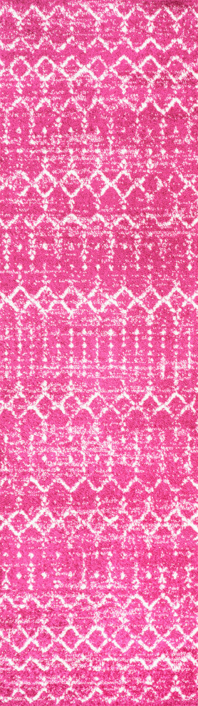 Moroccan HYPE Boho Vintage Diamond Runner Rug, Fuchsia/Ivory, 2 X 8