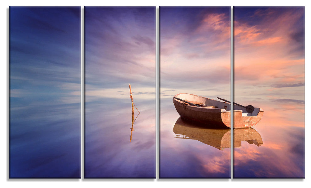 "Lonely Boat in Colorful Sea" Seascape" Painting Canvas Print, 4 Panels, 48"x28"