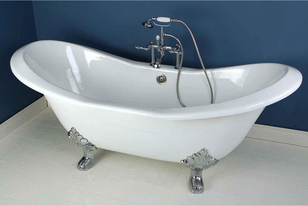72" Cast Iron Double Slipper Clawfoot Tub w/7" Faucet Drillings, White/Chrome