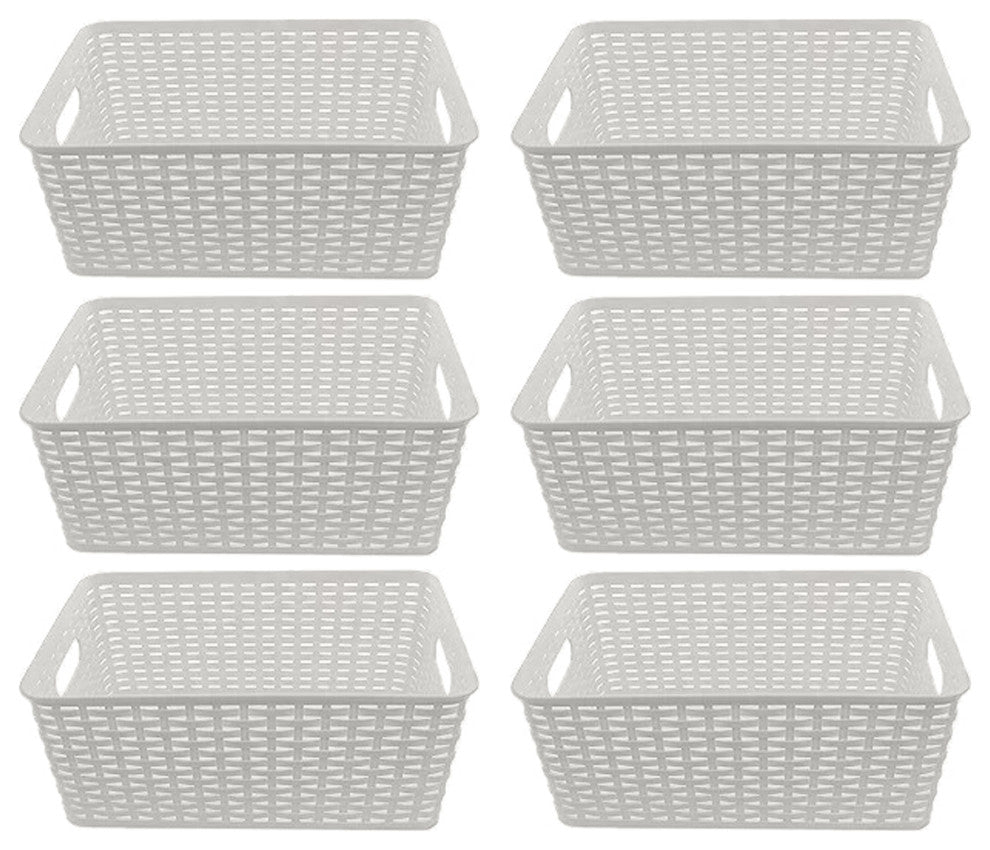 Plastic Rattan Storage Box Basket Organizer, White, Small-Pack of 6