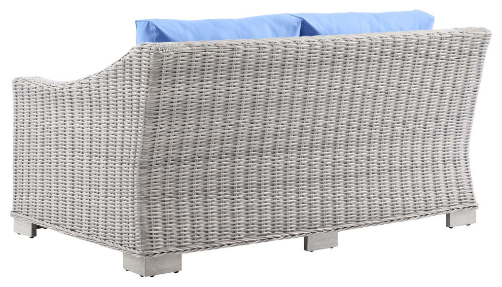 Lounge Loveseat Sofa, Rattan, Wicker, Gray Blue, Modern, Outdoor Patio Cafe