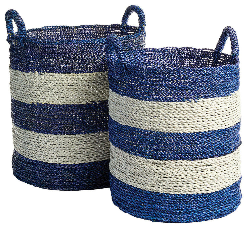 Set 2 Coastal Casual Blue White Stripe Tall Hamper Tote Baskets Large Handles