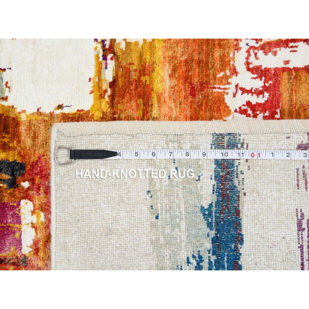 Colorful Modern Abstract Motifs Wool and Sari Silk Hand Knotted Rug, 3'0"x5'0"