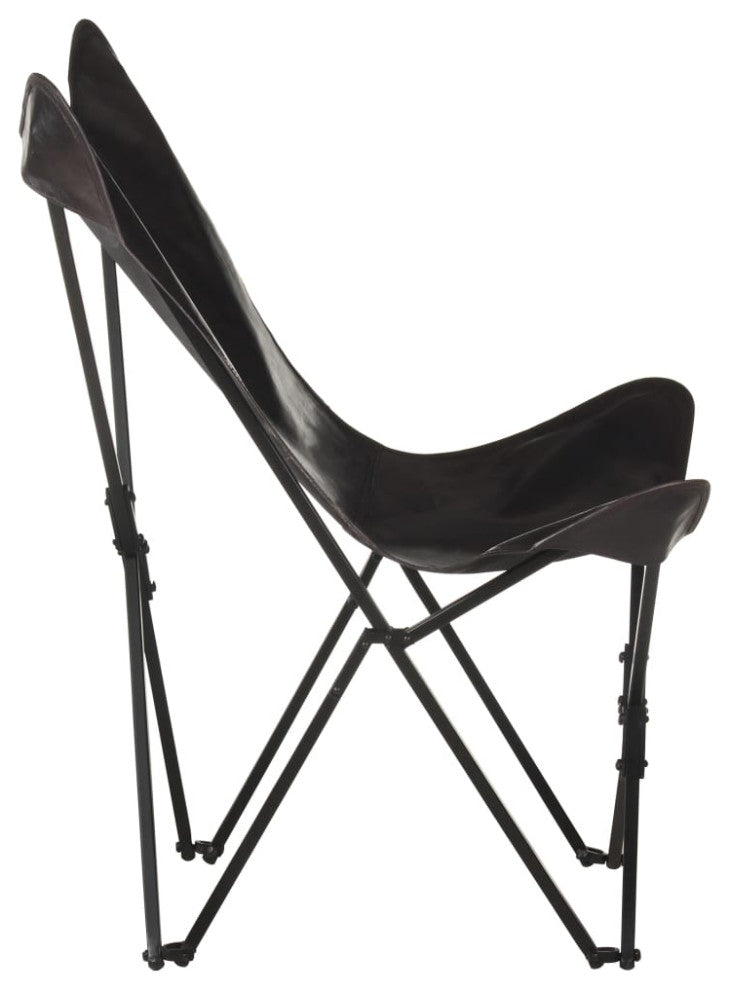 vidaXL Chair Accent Foldable Butterfly Chair for Living Room Black Real Leather