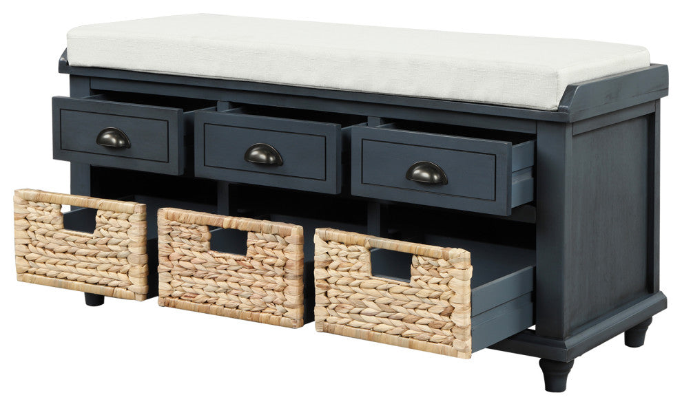 TATEUS 42" Rustic Storage Bench With 3 Drawers and 3 Rattan Baskets, Antique Navy