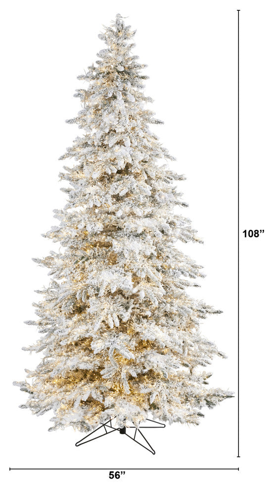 9' Flocked Grand Northern Rocky Fir Faux Xmas Tree W/Lights & Bendable Branches