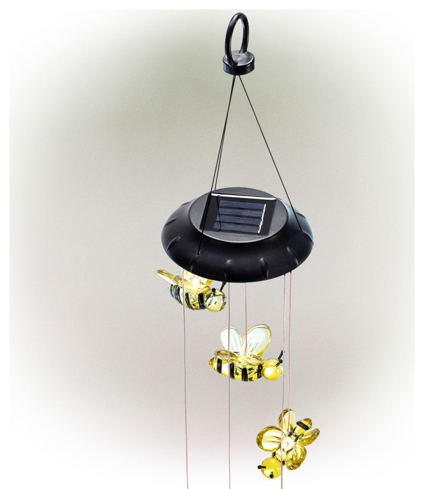 Alpine Solar Bee Wind Chime With White LED Light, 27"