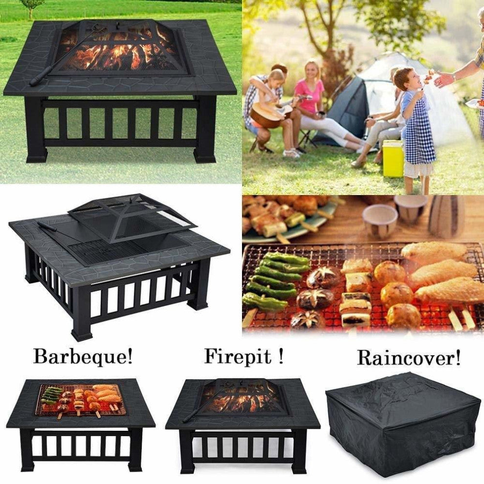 32" Gray Square Charcoal or Wood Burning Fire Pit With Cover