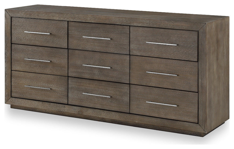 Benzara BM273405 9 Drawer Wood Dresser With Bar Handles, Distressed Taupe Brown