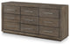 Benzara BM273405 9 Drawer Wood Dresser With Bar Handles, Distressed Taupe Brown