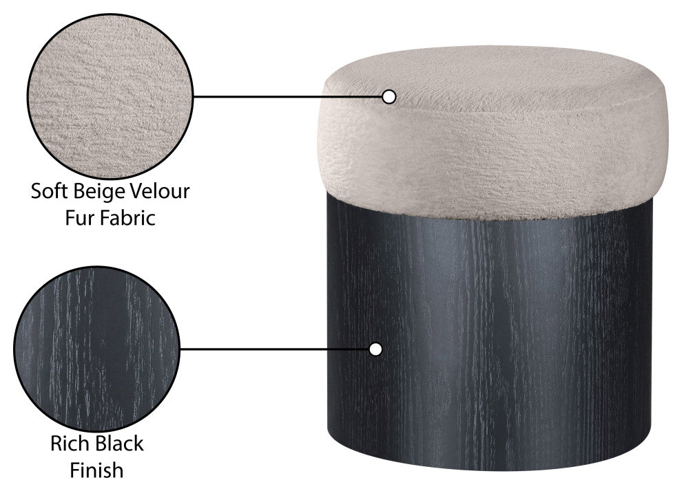 Nimes Upholstered Ottoman, Beige, Velour Fur, Black Finish
