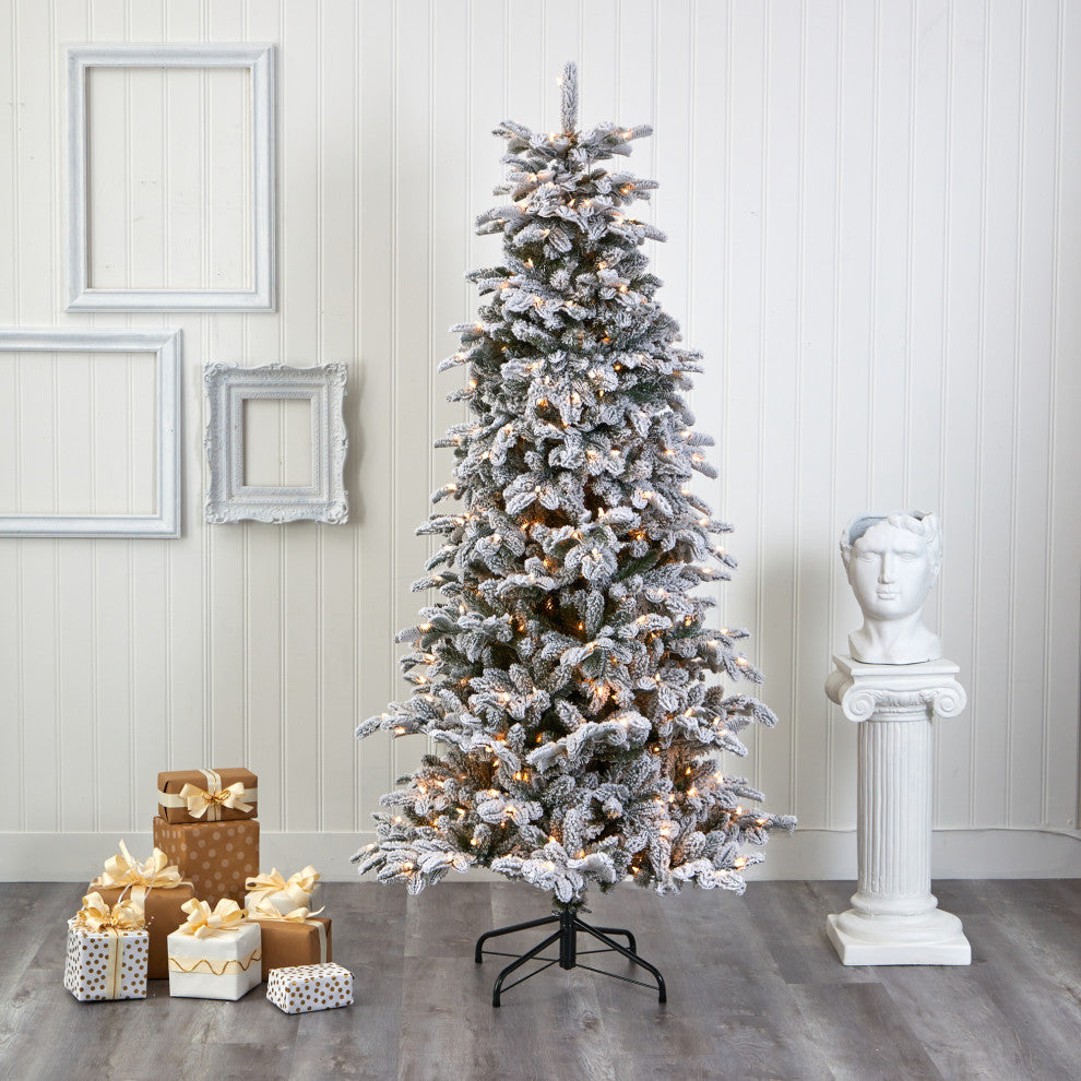 7' Flocked North Carolina Fir Faux Xmas Tree W/550 Lights & Bendable Branches
