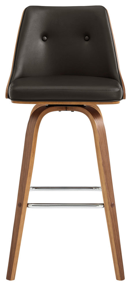 Nolte 30" Swivel Bar Stool in Brown Faux Leather and Walnut Wood