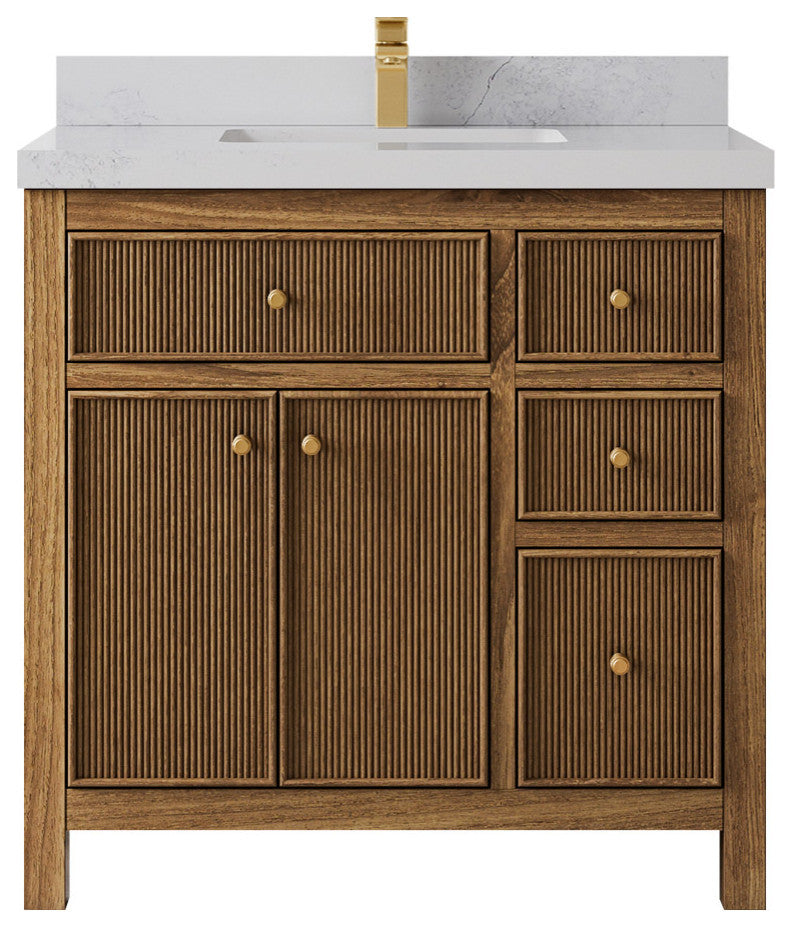 Sonoma Teak 36 Center Sink Bath Vanity in Dark Natural with 2" Carrara Quartz