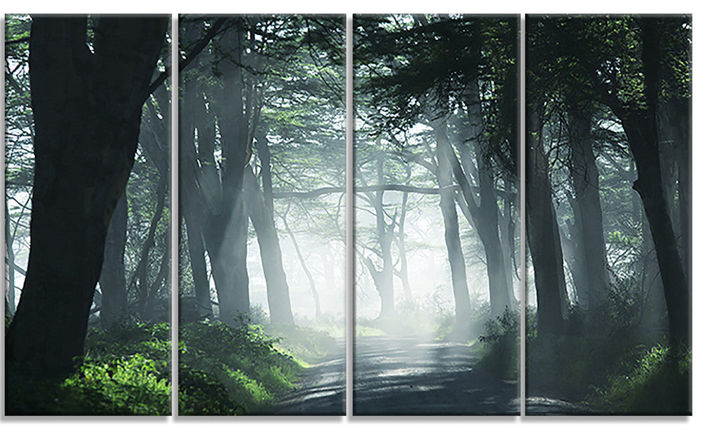 Dense Rain Forest At Sunrise, Landscape Canvas Art, 48"x28", 4 Panels