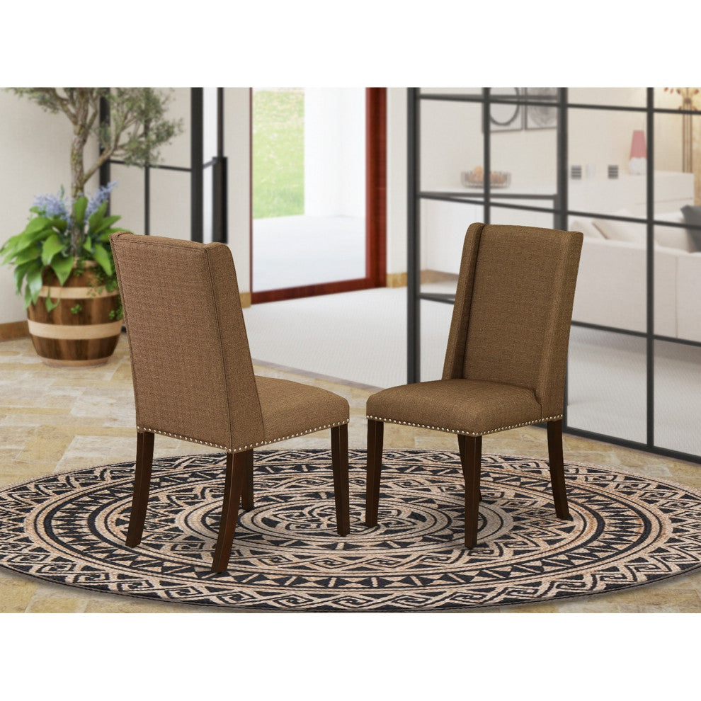 Parson Chair With Mahogany Leg And Brown Linen Fabric Color Set of 2