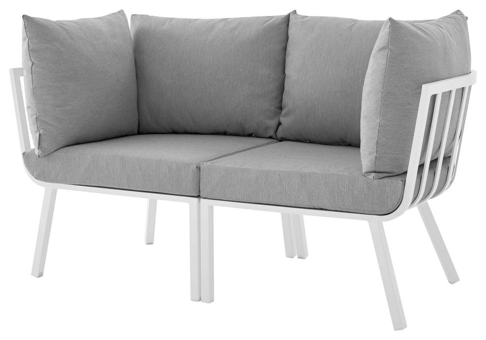 Lounge Loveseat Sofa, Aluminum, Metal, White Gray, Modern, Outdoor Patio