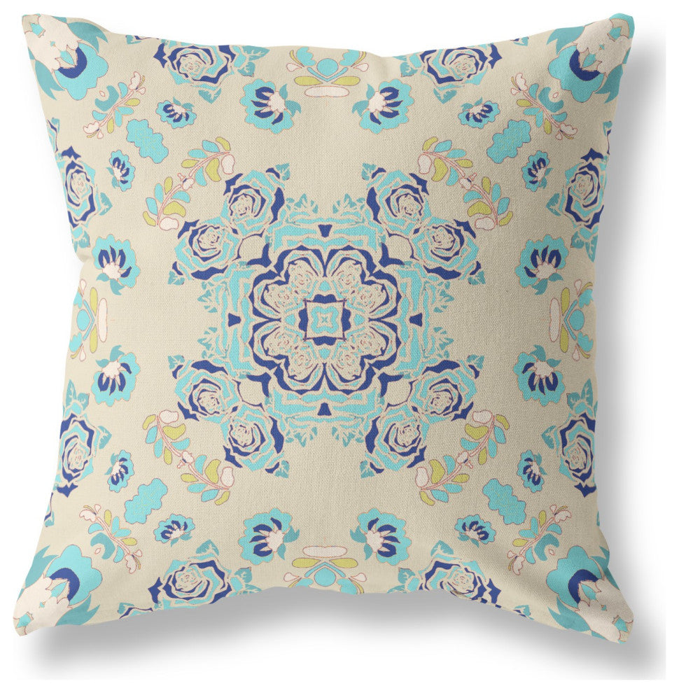 18" Blue Beige Wreath Indoor Outdoor Zippered Throw Pillow