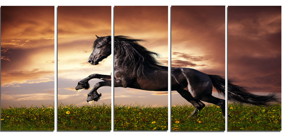 Black Friesian Horse Gallop, Abstract Canvas Art Print, 60"x28", 5 Panels