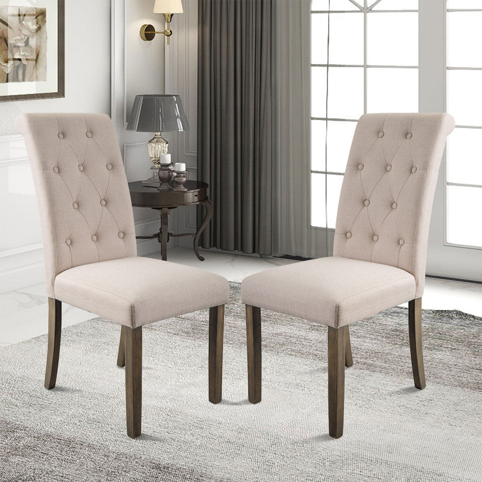 Solid Wood Dining Chair, Set of 2, Beige Tufted, Beige