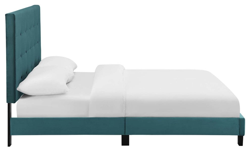 Melanie Queen Tufted Button Upholstered Performance Velvet Platform Bed Sea Blue