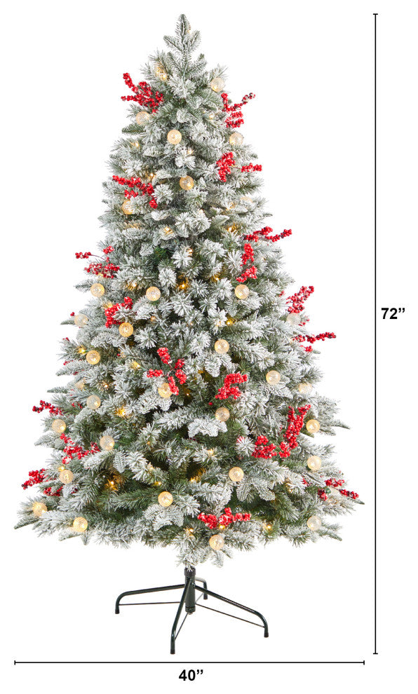 6' Snow Tipped Norwegian Fir Pre-Lit Faux Xmas Tree W/Lights, Berries